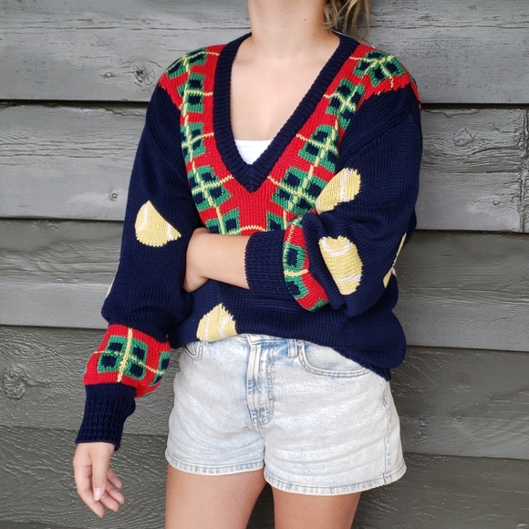 Vintage TENNIS V-neck Chunky Knit Pullover Sweater - Picture 9 of 10